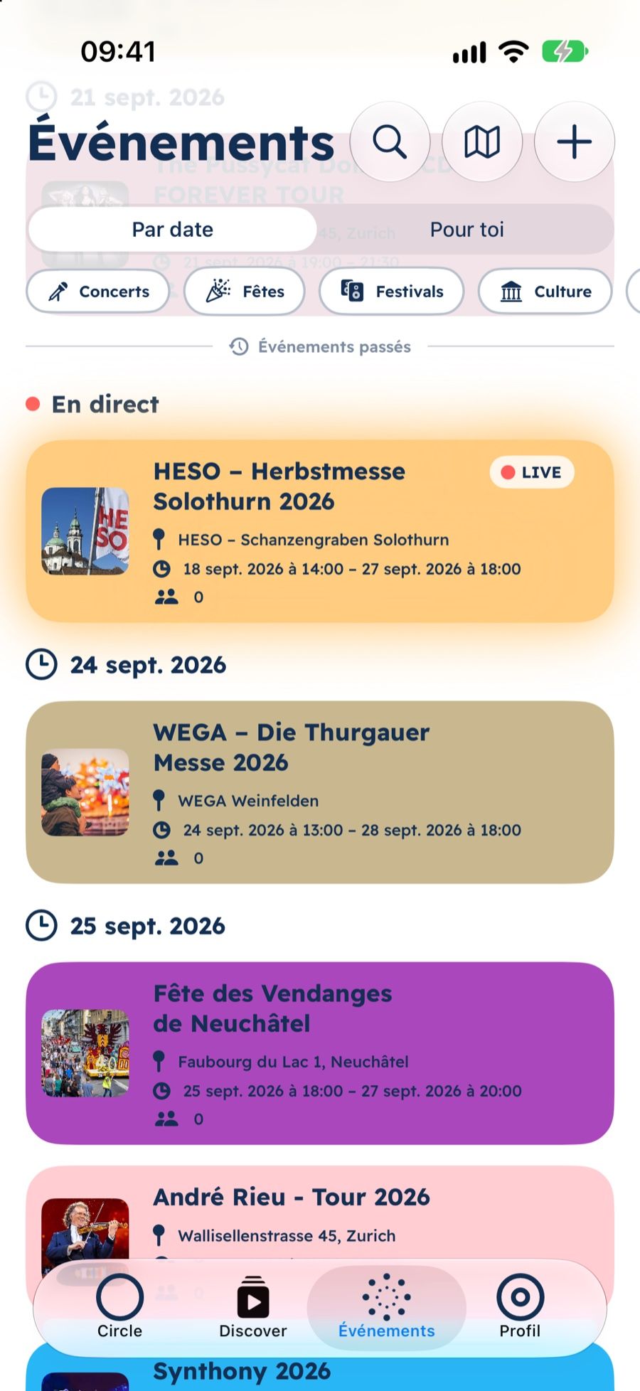 opia : événements à proximité avec filtres et un événement en direct